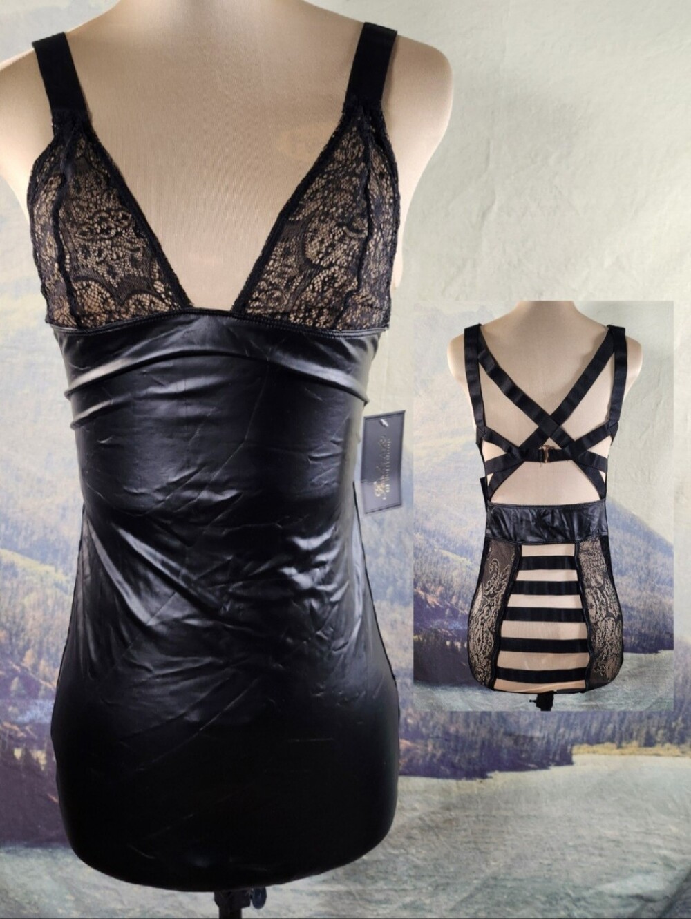Frederick's of Hollywood The Minx Chemise Wet Look Black Strappy Open Back Small